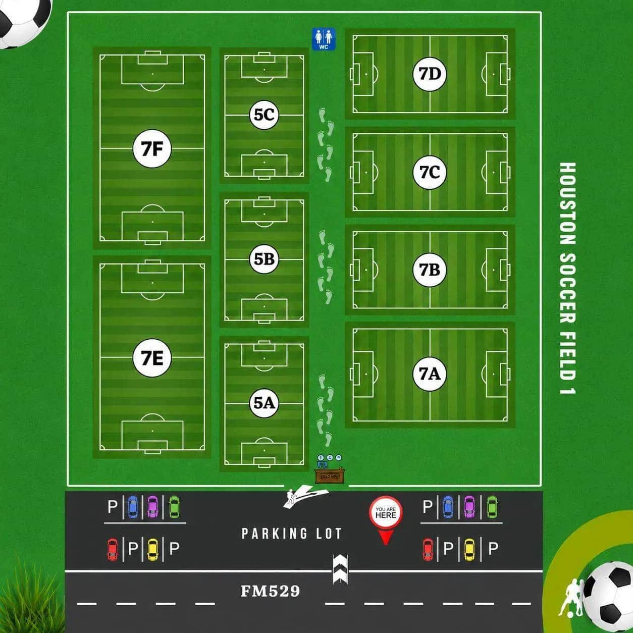 Field map showing 7v7 and 5v5 fields, restrooms, and the parking lot off FM 529.